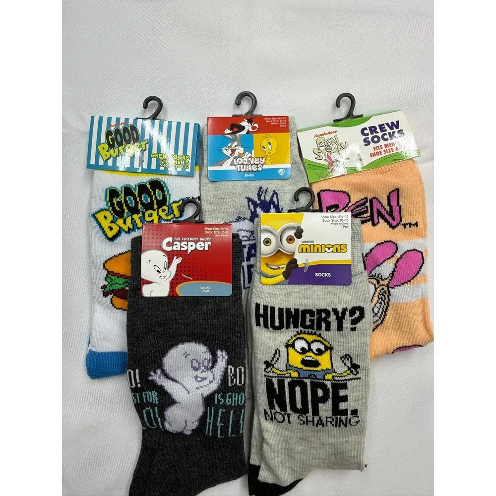 MISC New Adult 5pc Sock Bundle Character Ren Stimpy Minion Casper Good Burgers